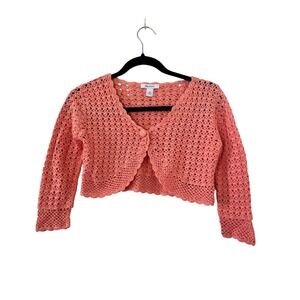 Dressbarn Womens Coral Pink Crochet Knit Shrug Cropped Cardigan Bolero Size M